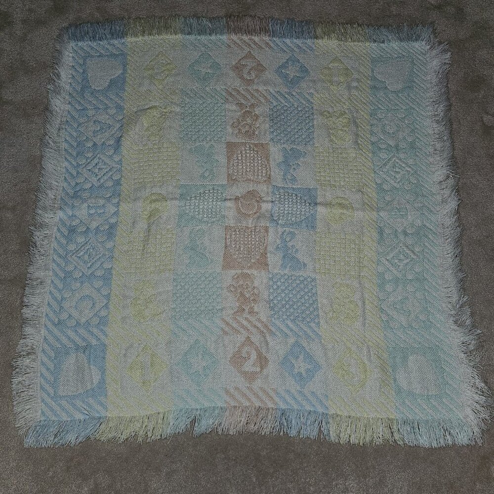VTG Pastel Knit Baby Blanket Pink Blue Yellow White Fringe Bunny Teddy Bear Star